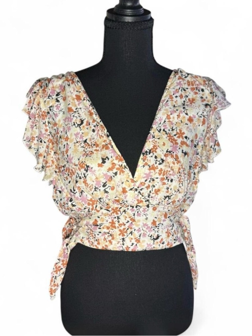 Free People Floral Flutter Sleeve Wrap Crop Top Smocked Back Womens size Medium